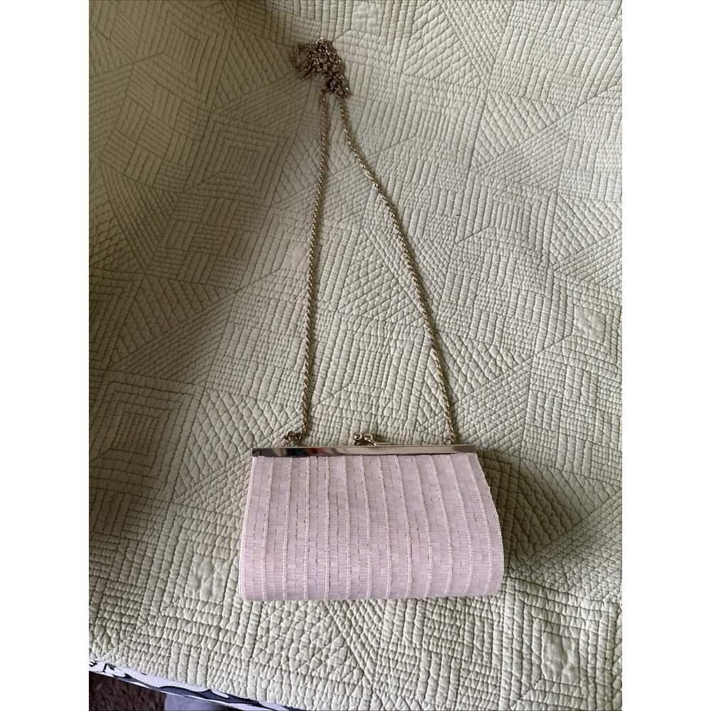 La Regale Champagne Beaded Evening Clutch Bag w/Extra Long Strap Kiss Lock